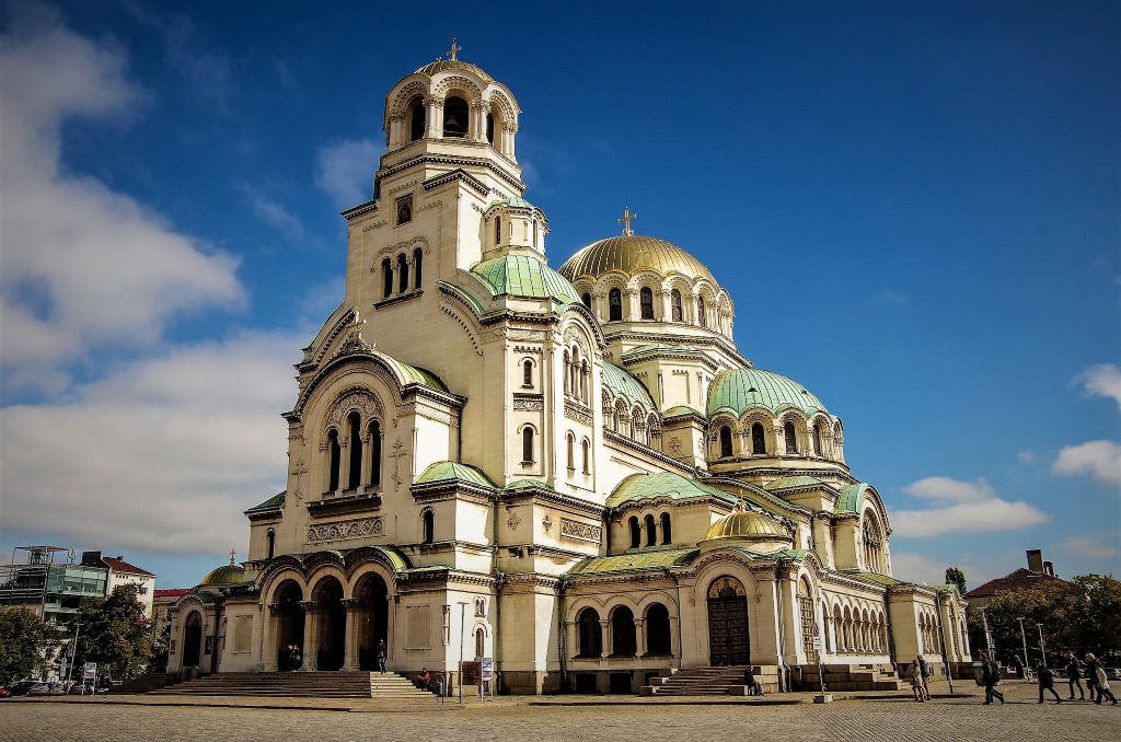 photo of a white, green and gold cathedral in sofia bulgaria