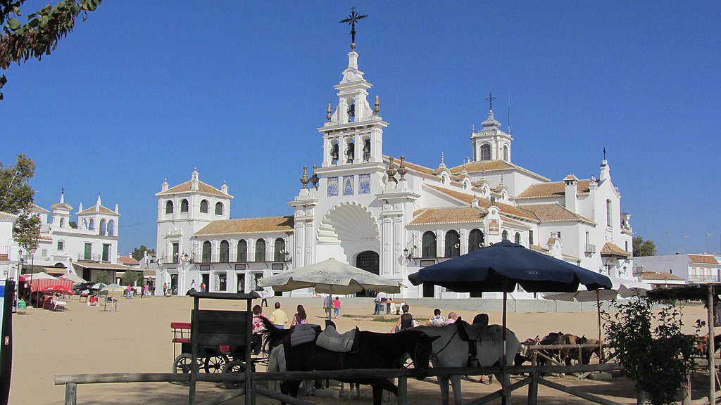 an image of a large church in El Rocio, Spain