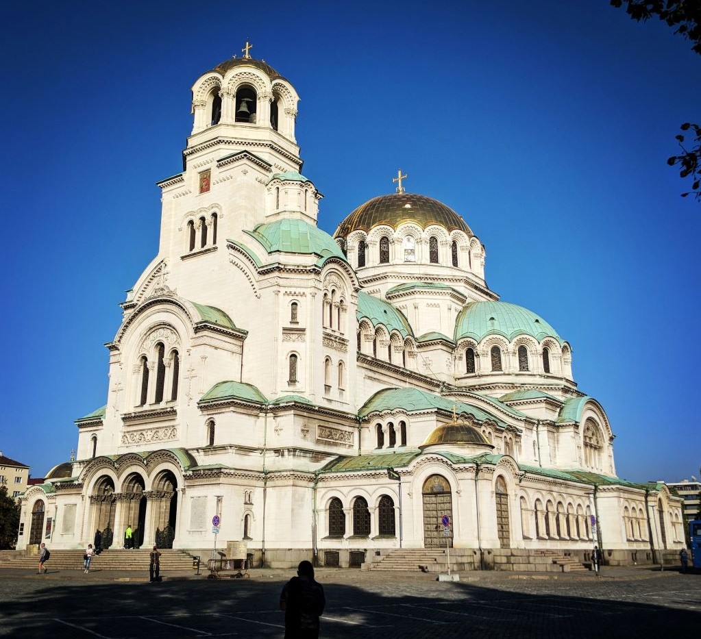 photo of a white and green cathedral in sofia bulgaria