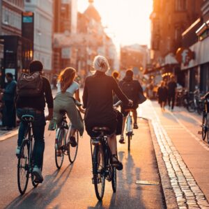 photo of people cycling in the street in copenhagen denmark
