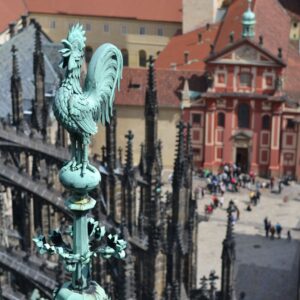 photo of a statue of a rooster with buildings in the background in prague czech republic