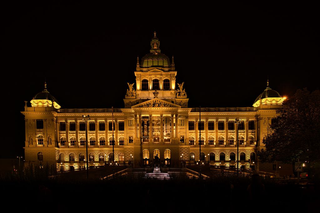 photo of a large museum at night in prague czech republic