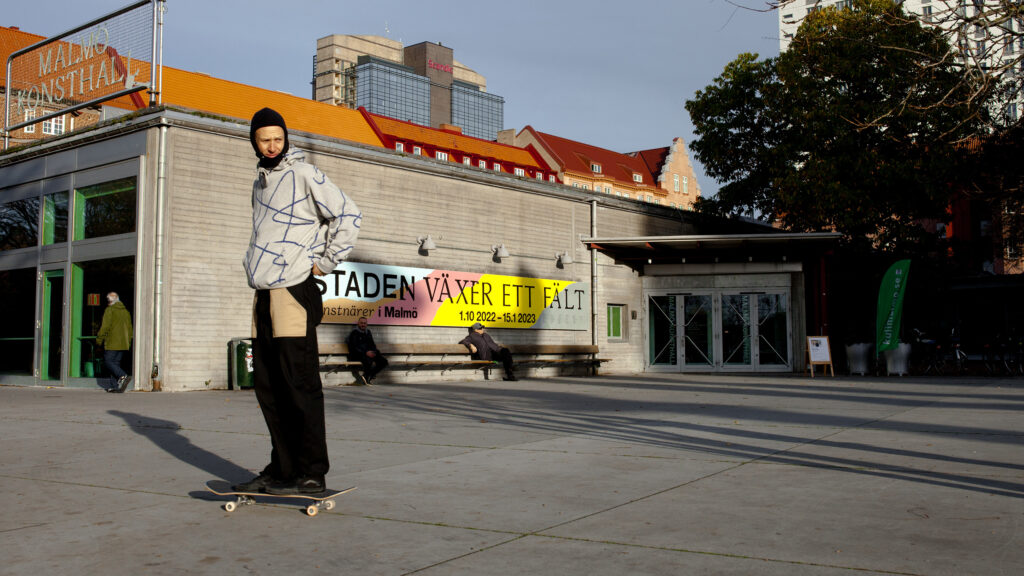 photo of a skateboarder outside a museum in malmo sweden