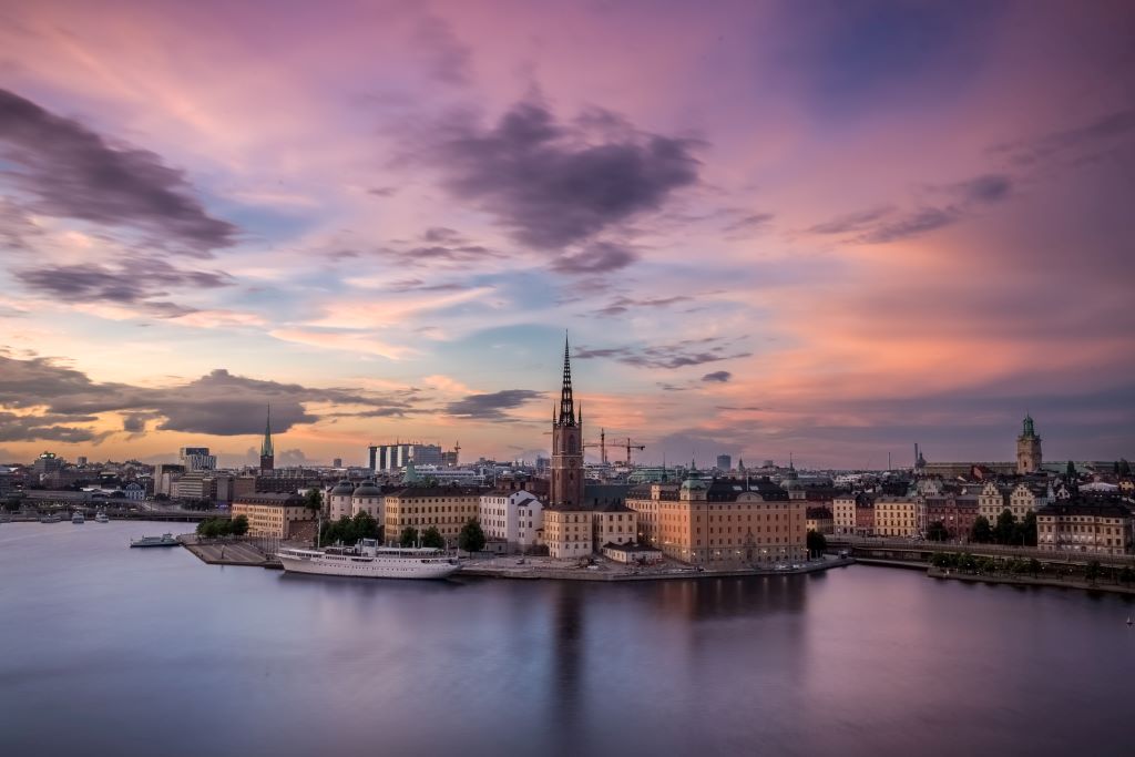 photo of stockholm skyline at sunset